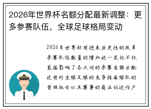 2026年世界杯名额分配最新调整：更多参赛队伍，全球足球格局变动